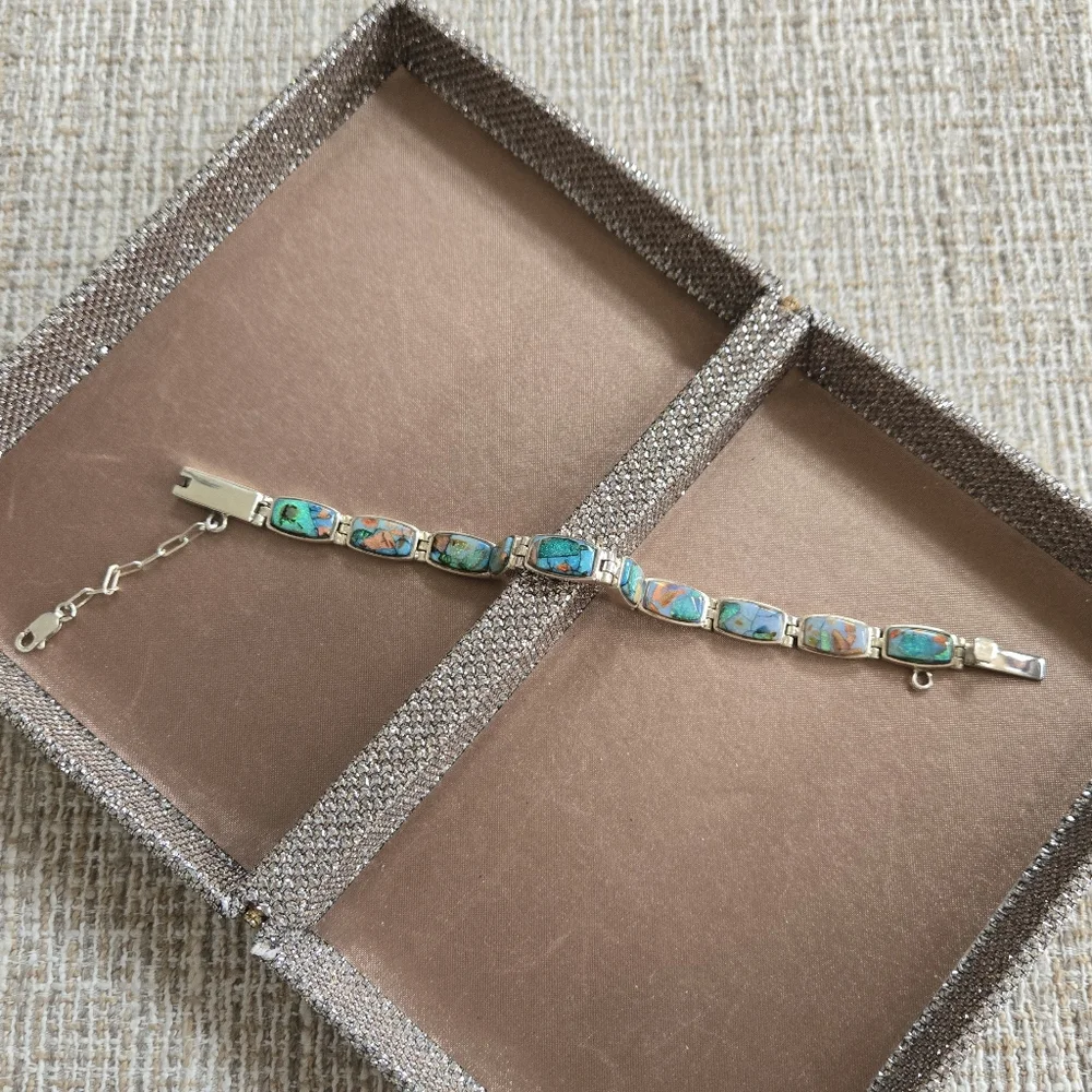 Vintage Navajo Calvin Begay Sterling Opal Bracelet - Picture 2 of 12